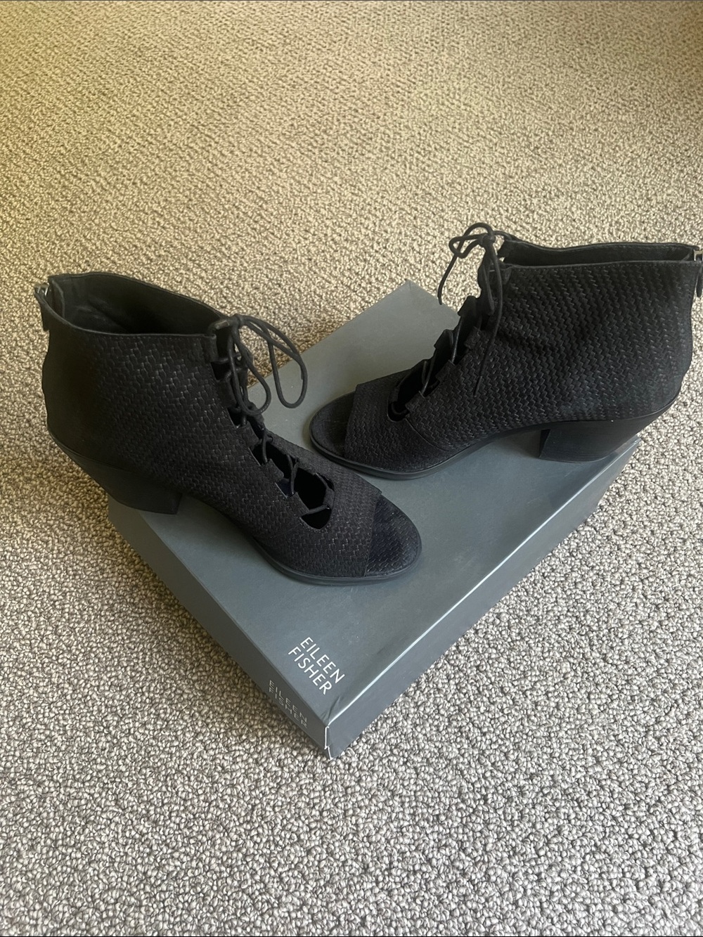 Eileen Fisher Slew Black Suede Lace-Up Open-Toe Ankle Boots